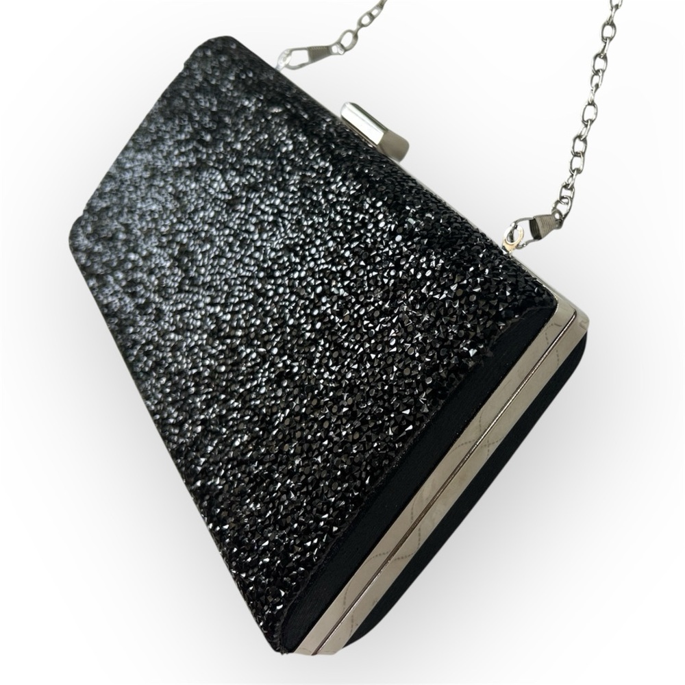 Black Crushed Glass Crystal Evening Clutch Crossbody Chain Bag